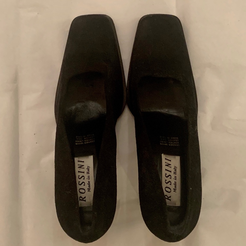 Vintage Rossini Black Suede Square Toe High Heals, Sz. 40!